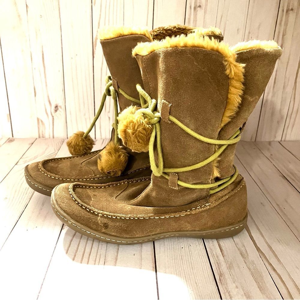 Steve Madden Tan Upper Suede Mid Calf Lined Tussle Winter PomPom Wrap Boots Sz 8